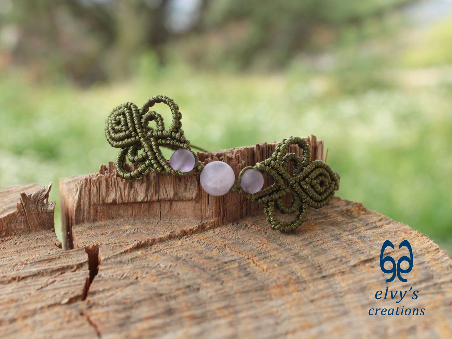 Khaki Green Macrame Bracelet with Purple Beryl Gemstones Boho Bracelet for Women