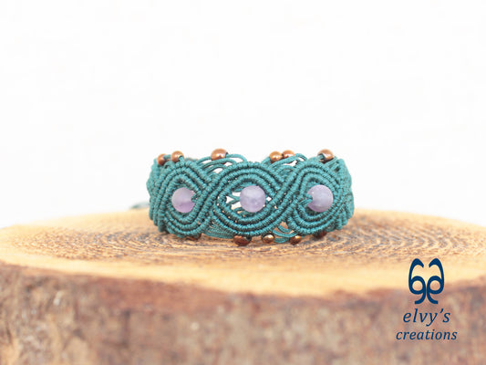 Green Macrame Bracelet with Beryl and Bronze Hematite Gemstones Boho Bracelet for Women