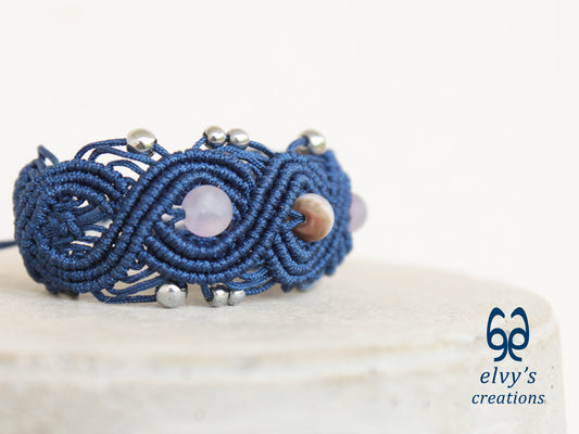 Blue Macrame Bracelet with Beryl and Silver Hematite Gemstones Boho Bracelet for Women