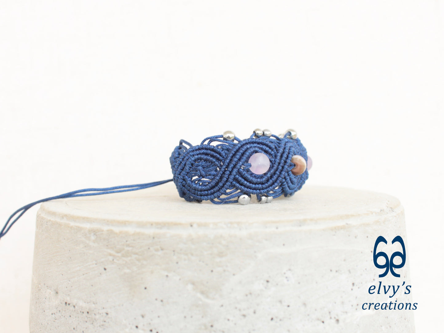 Blue Macrame Bracelet with Beryl and Silver Hematite Gemstones Boho Bracelet for Women