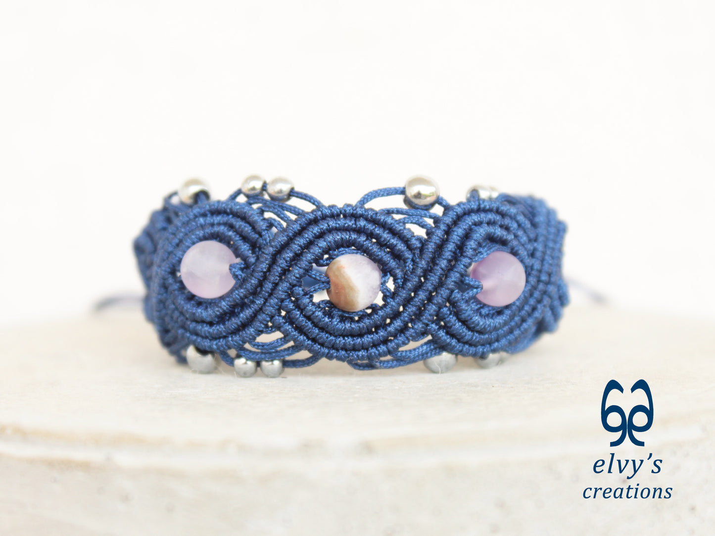 Blue Macrame Bracelet with Beryl and Silver Hematite Gemstones Boho Bracelet for Women