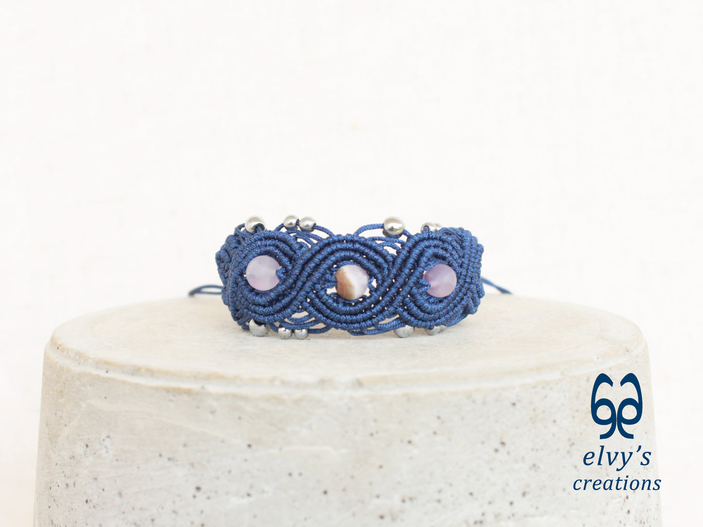 Blue Macrame Bracelet with Beryl and Silver Hematite Gemstones Boho Bracelet for Women