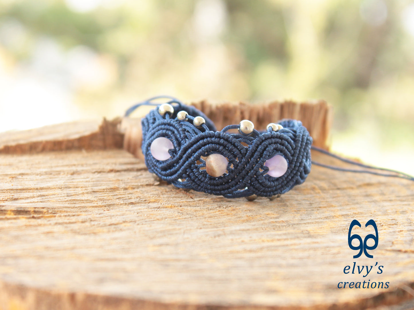 Blue Macrame Bracelet with Beryl and Silver Hematite Gemstones Boho Bracelet for Women