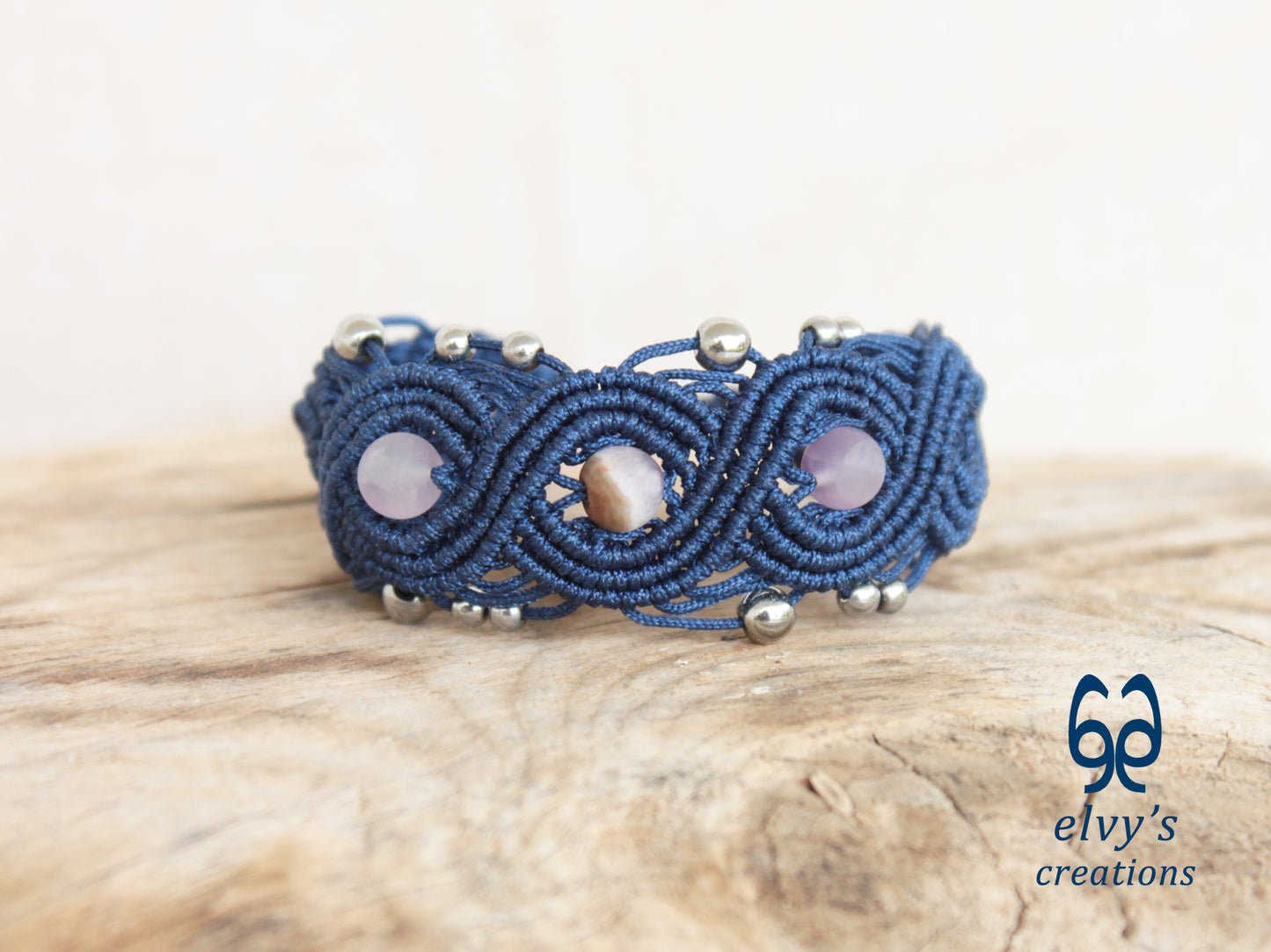Blue Macrame Bracelet with Beryl and Silver Hematite Gemstones Boho Bracelet for Women