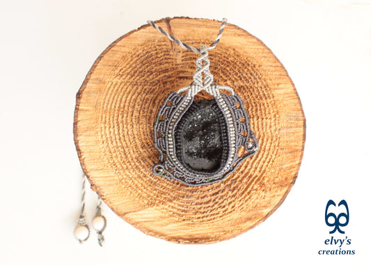 Black Agate Macrame Necklace Hematite Macrame Gemstone Necklace Pendant