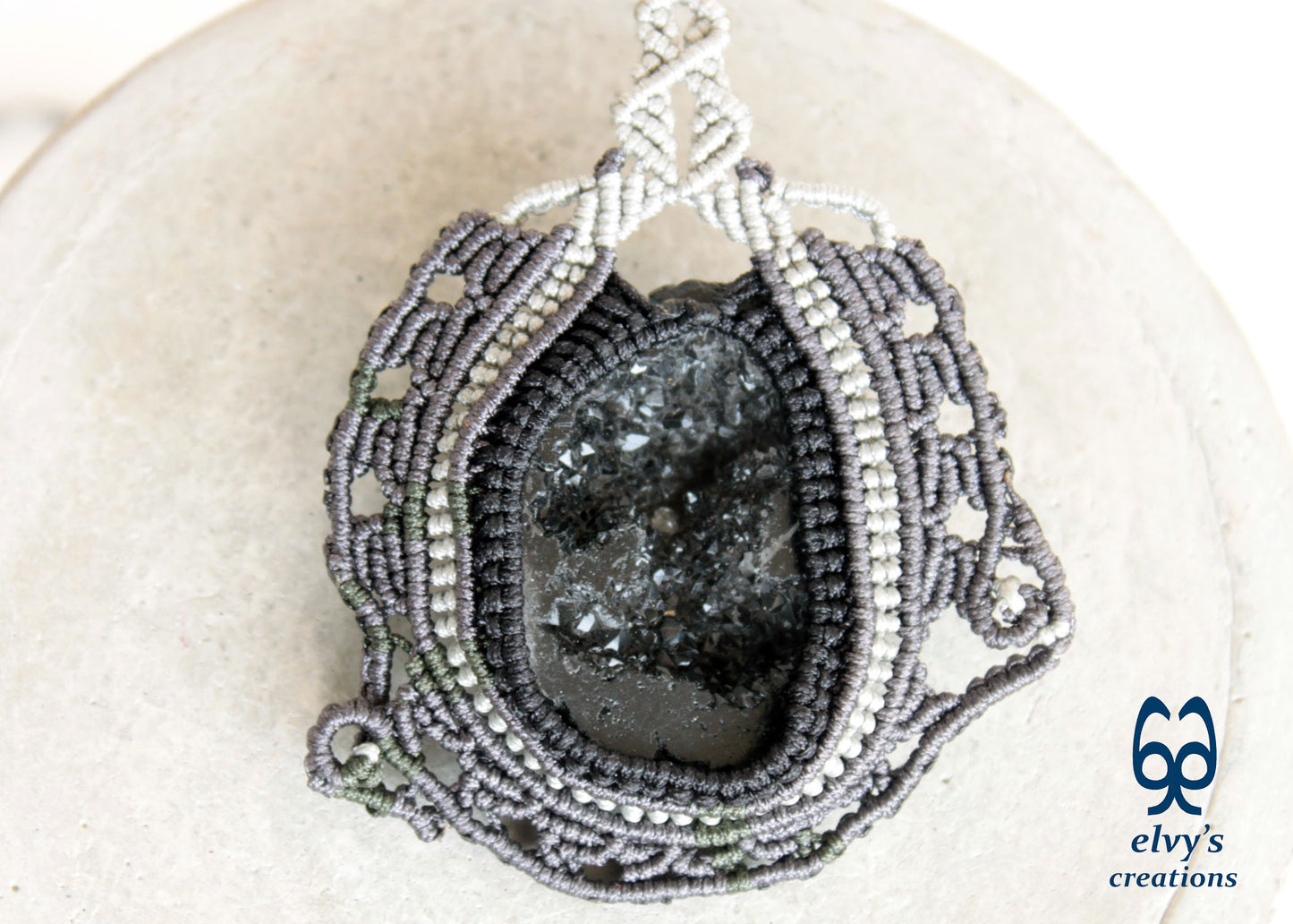 Black Agate Macrame Necklace Hematite Macrame Gemstone Necklace Pendant
