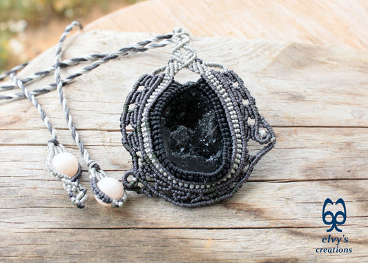 Black Agate Macrame Necklace Hematite Macrame Gemstone Necklace Pendant