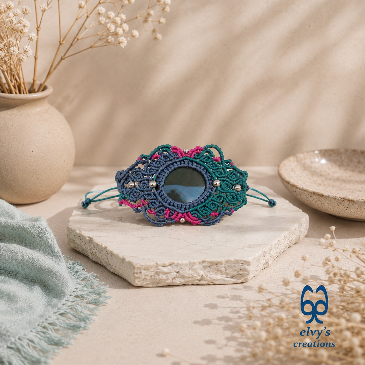 Green Macrame Bracelet Pink Bracelet with Bloodstone Grey Adjustable Cuff