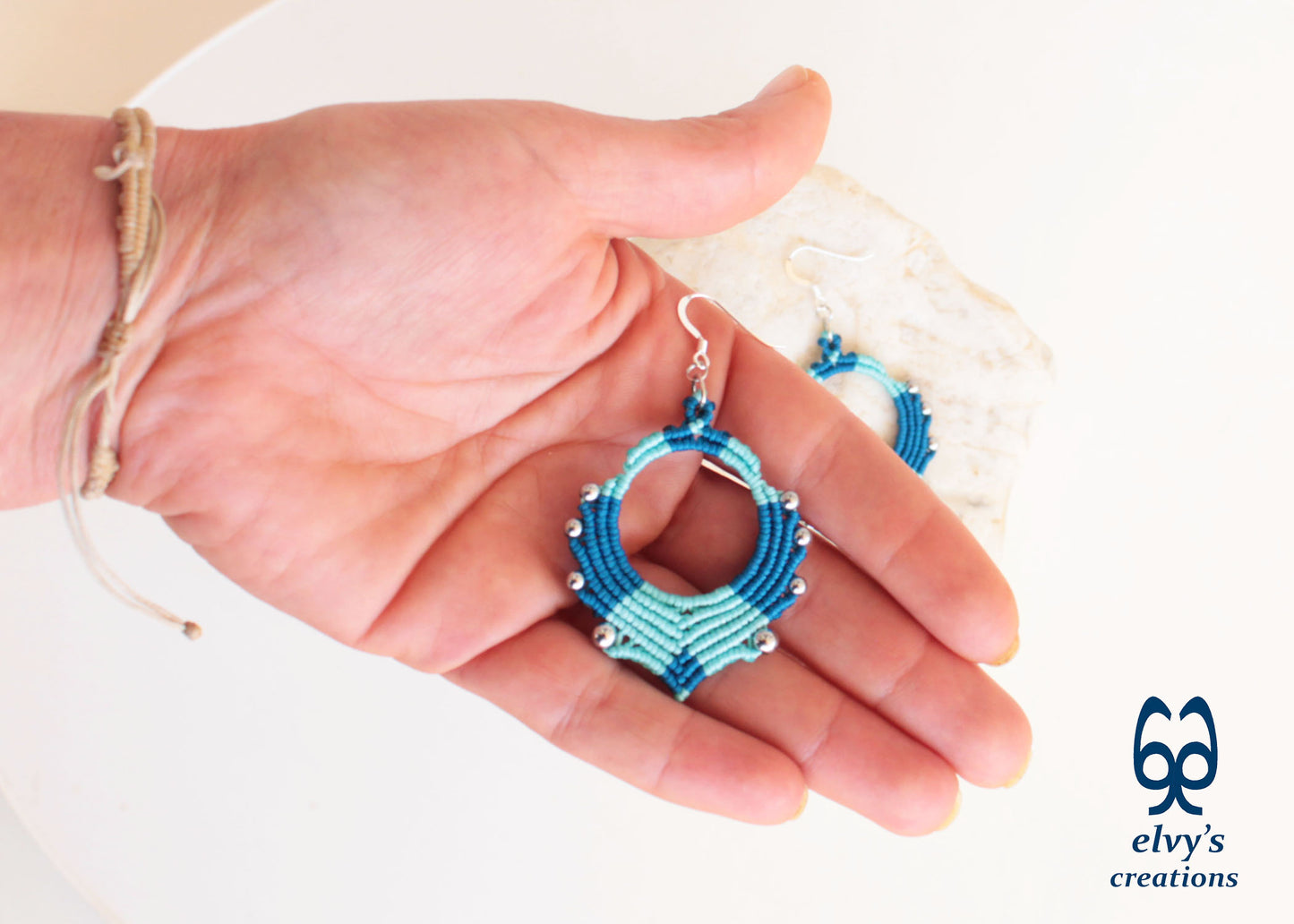 Blue Turquoise Macrame Earrings Silver Hematite Gemstones Hoop Earrings