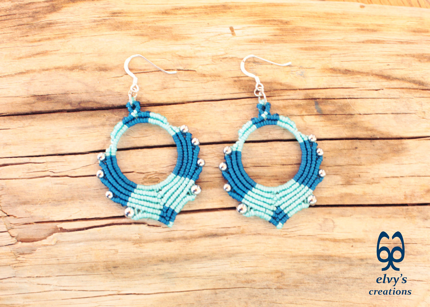 Blue Turquoise Macrame Earrings Silver Hematite Gemstones Hoop Earrings