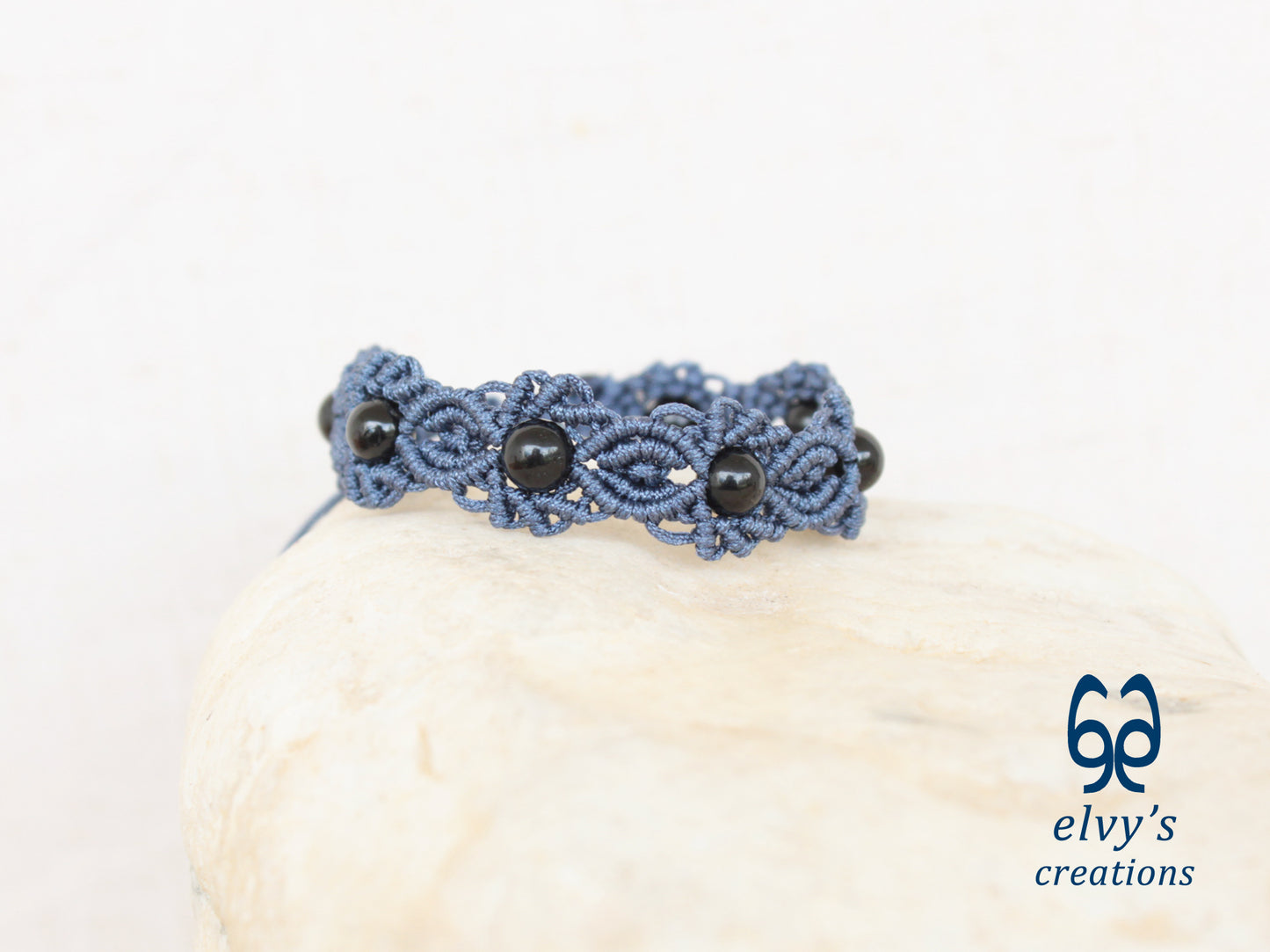 Handmade Macrame Bracelet, Black Onyx Gemstone Beaded Cuff, Unique Birthday Gift for Women or Men