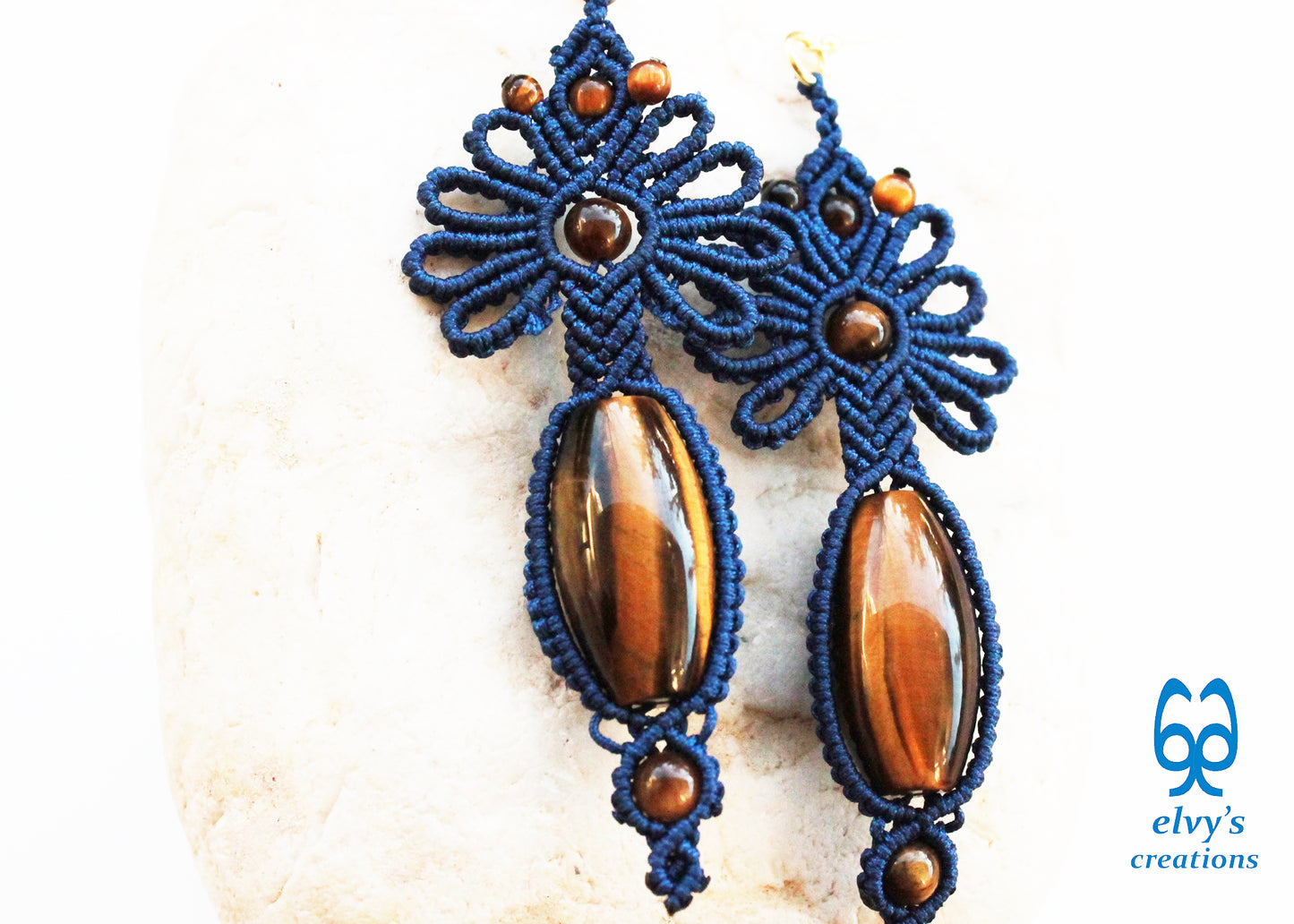 Blue Macrame Earrings with Tiger Eye Gemstones Flower Lace Silver Earrings