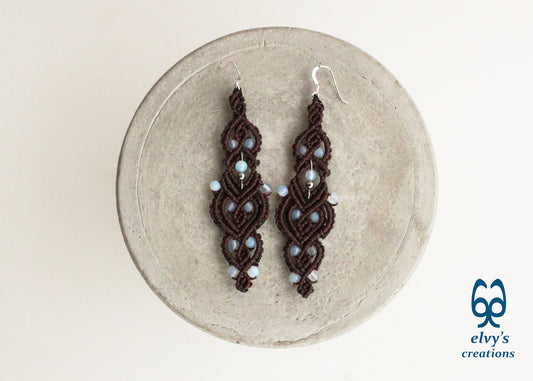 Brown Macrame Earrings with Moonstones Brown Lace Rainbow Moonstone Gemstones Boho Macrame Earrings