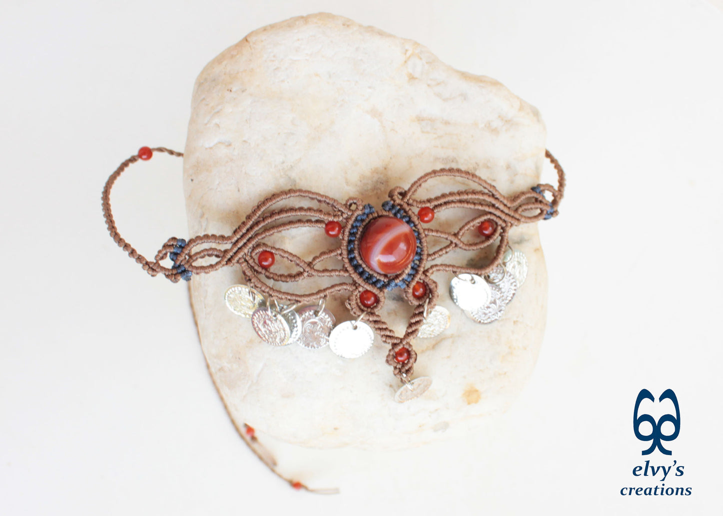 Brown Macramé Choker Necklace with Carnelian Gemstone Adjustable Macramé Necklace