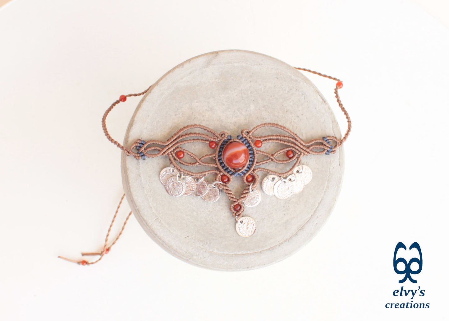 Brown Macramé Choker Necklace with Carnelian Gemstone Adjustable Macramé Necklace