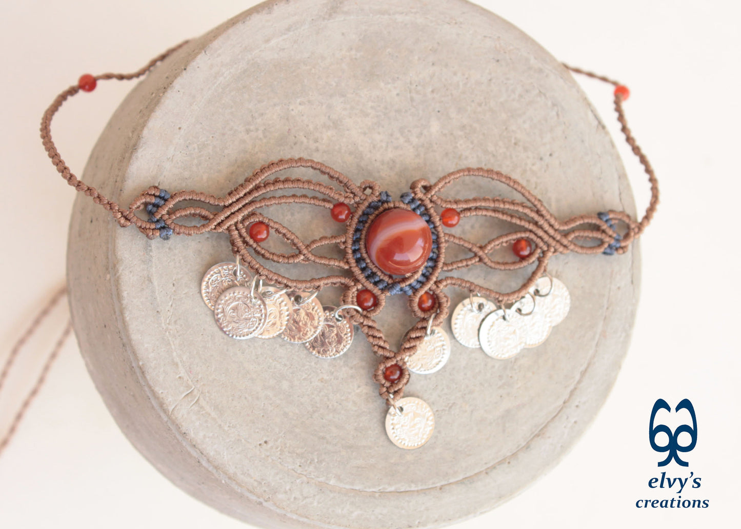 Brown Macramé Choker Necklace with Carnelian Gemstone Adjustable Macramé Necklace