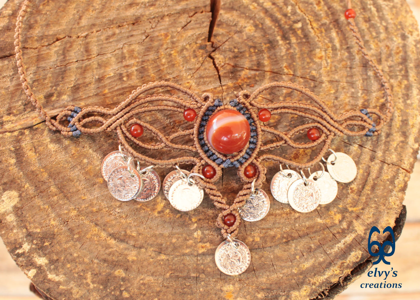 Brown Macramé Choker Necklace with Carnelian Gemstone Adjustable Macramé Necklace