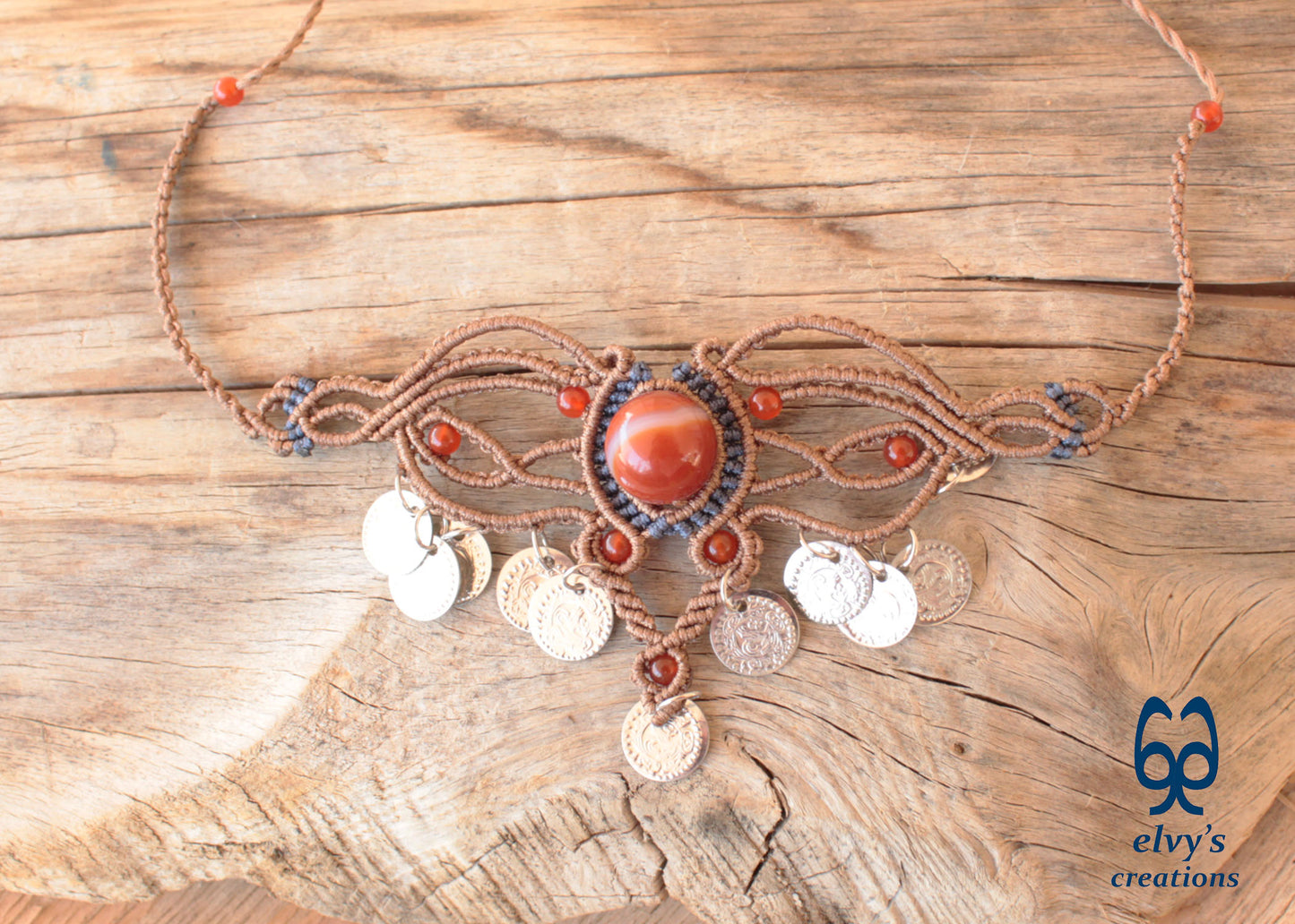 Brown Macramé Choker Necklace with Carnelian Gemstone Adjustable Macramé Necklace