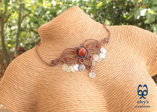 Brown Macramé Choker Necklace with Carnelian Gemstone Adjustable Macramé Necklace