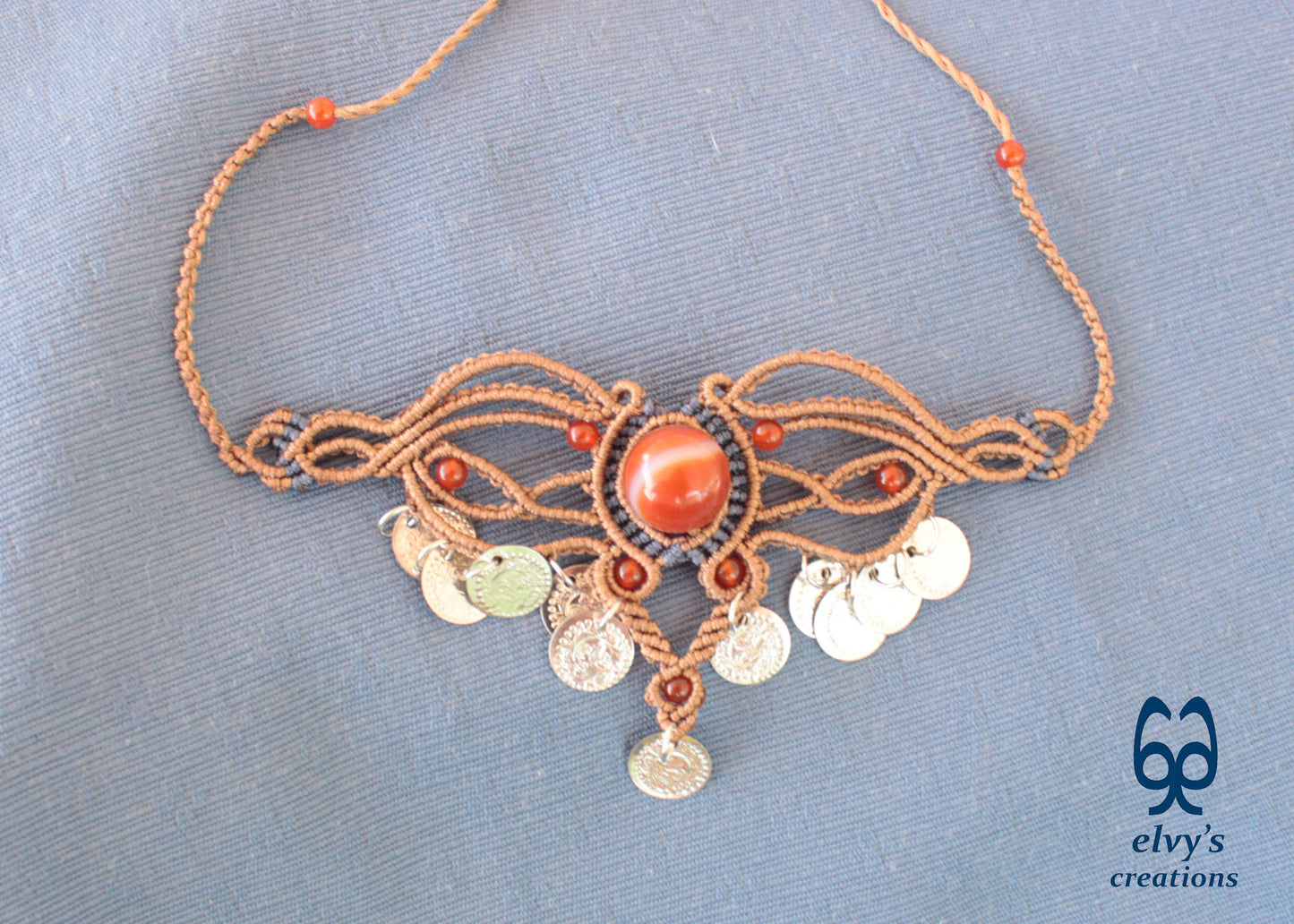 Brown Macramé Choker Necklace with Carnelian Gemstone Adjustable Macramé Necklace