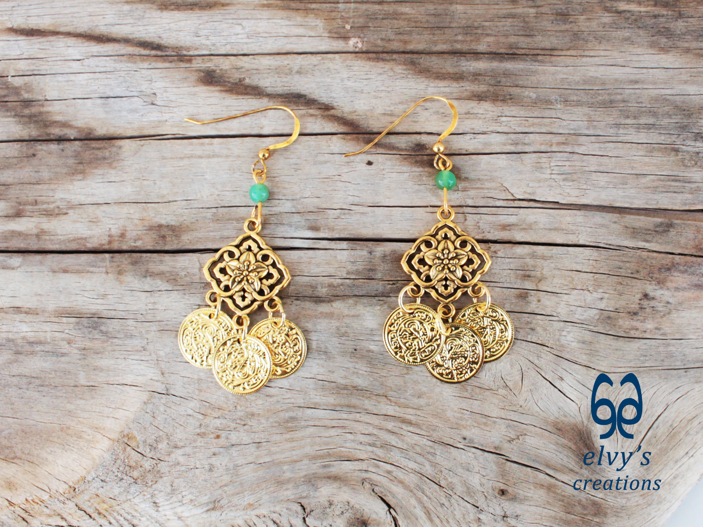 Handmade Greek Gold Traditional Earrings with Green Chrysoprase Gemstone and Flower Element