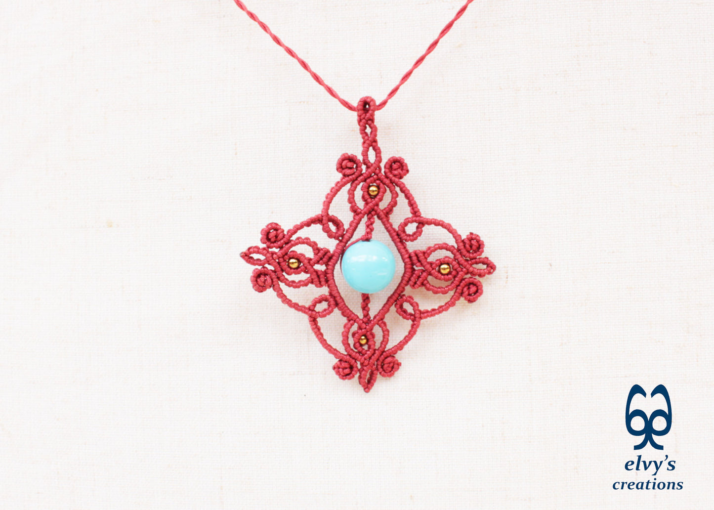 Handmade Clay Red Macramé Necklace with Blue Turquoise Gemstones