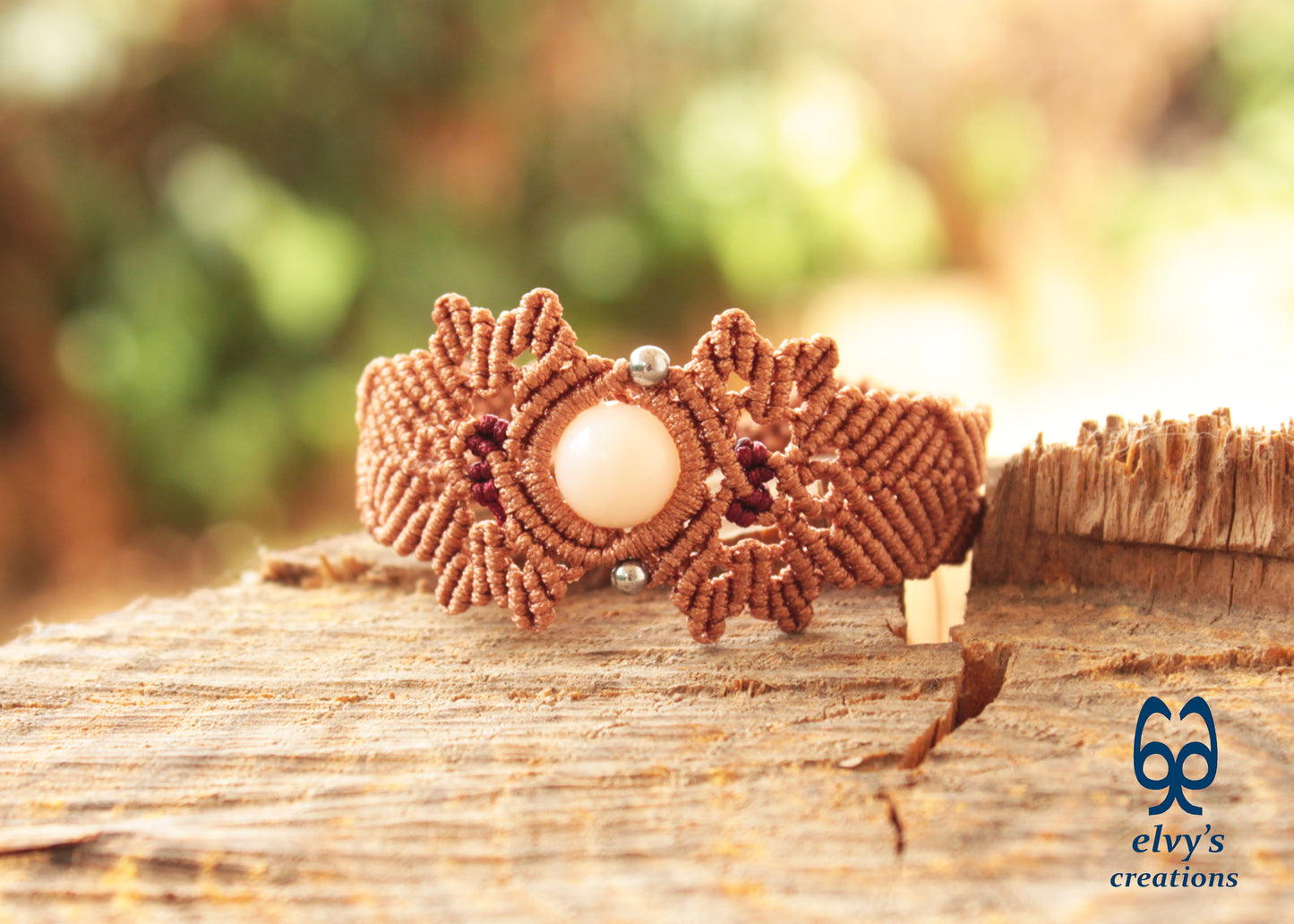Bronze Macrame Bracelet with Pink Quartz Gemstone Adjustable Gemstone