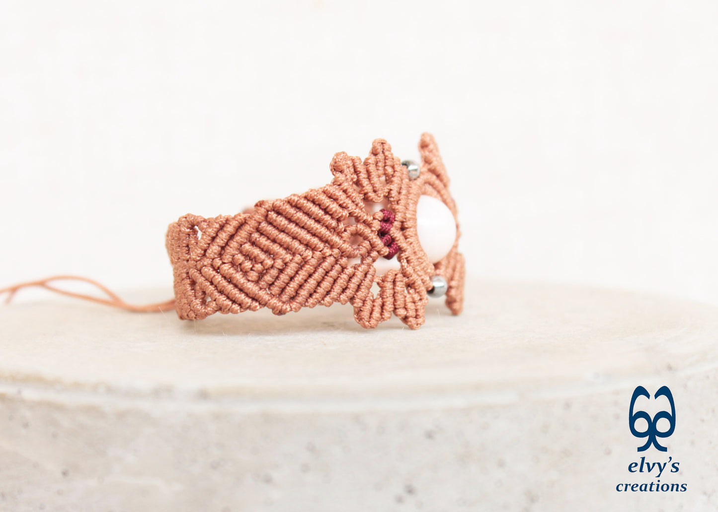 Bronze Macrame Bracelet with Pink Quartz Gemstone Adjustable Gemstone