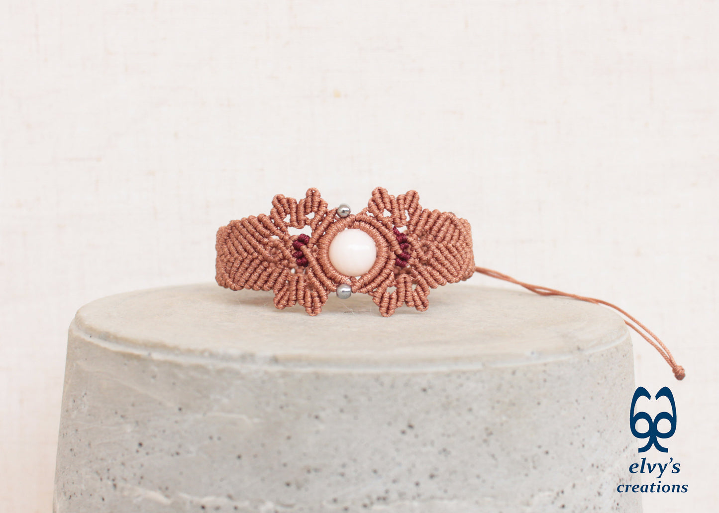 Bronze Macrame Bracelet with Pink Quartz Gemstone Adjustable Gemstone