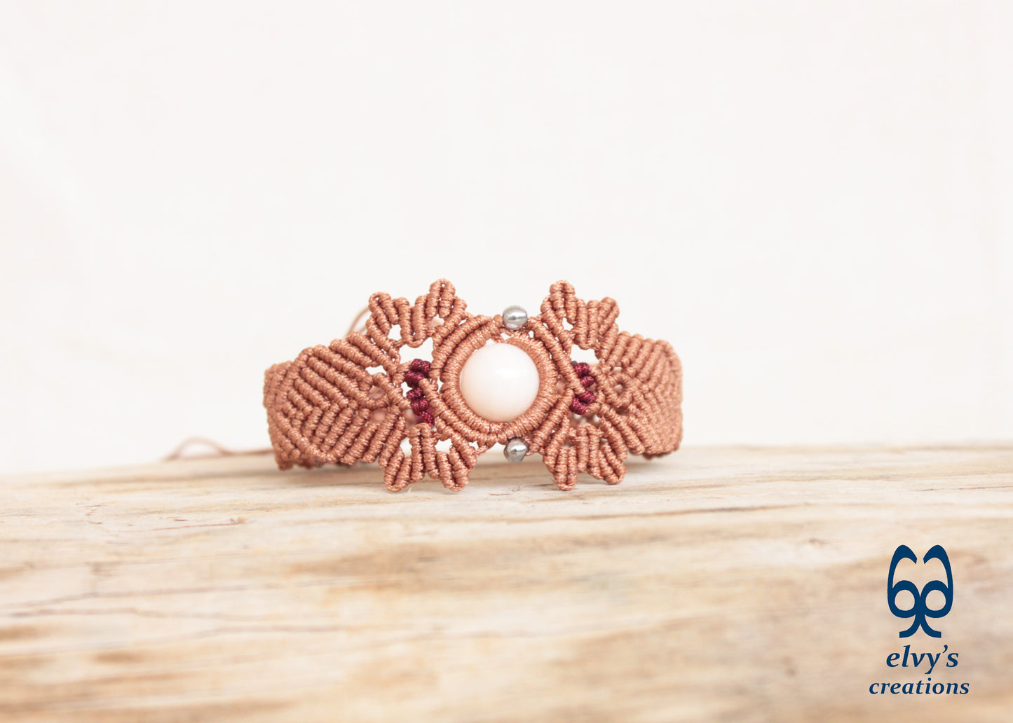Bronze Macrame Bracelet with Pink Quartz Gemstone Adjustable Gemstone