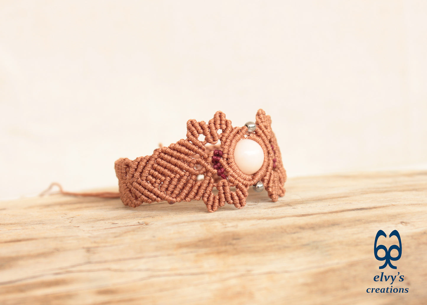 Bronze Macrame Bracelet with Pink Quartz Gemstone Adjustable Gemstone