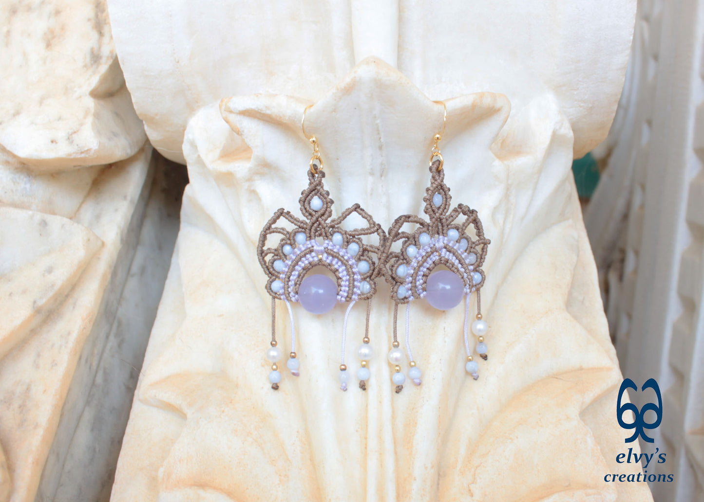 Handmade Beige Macrame Silver Earrings with Purple Chalcedony and Pearls