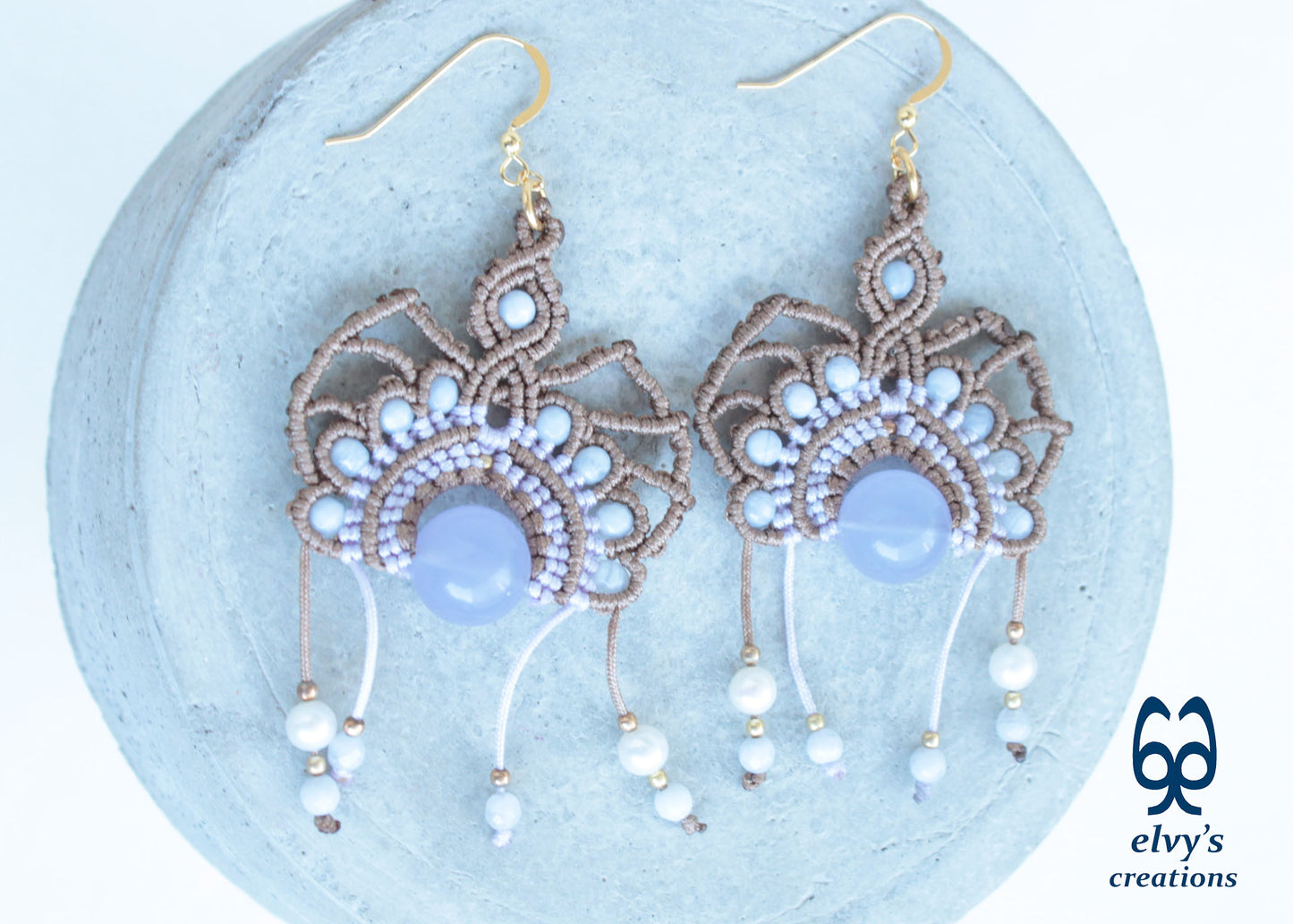 Handmade Beige Macrame Silver Earrings with Purple Chalcedony and Pearls
