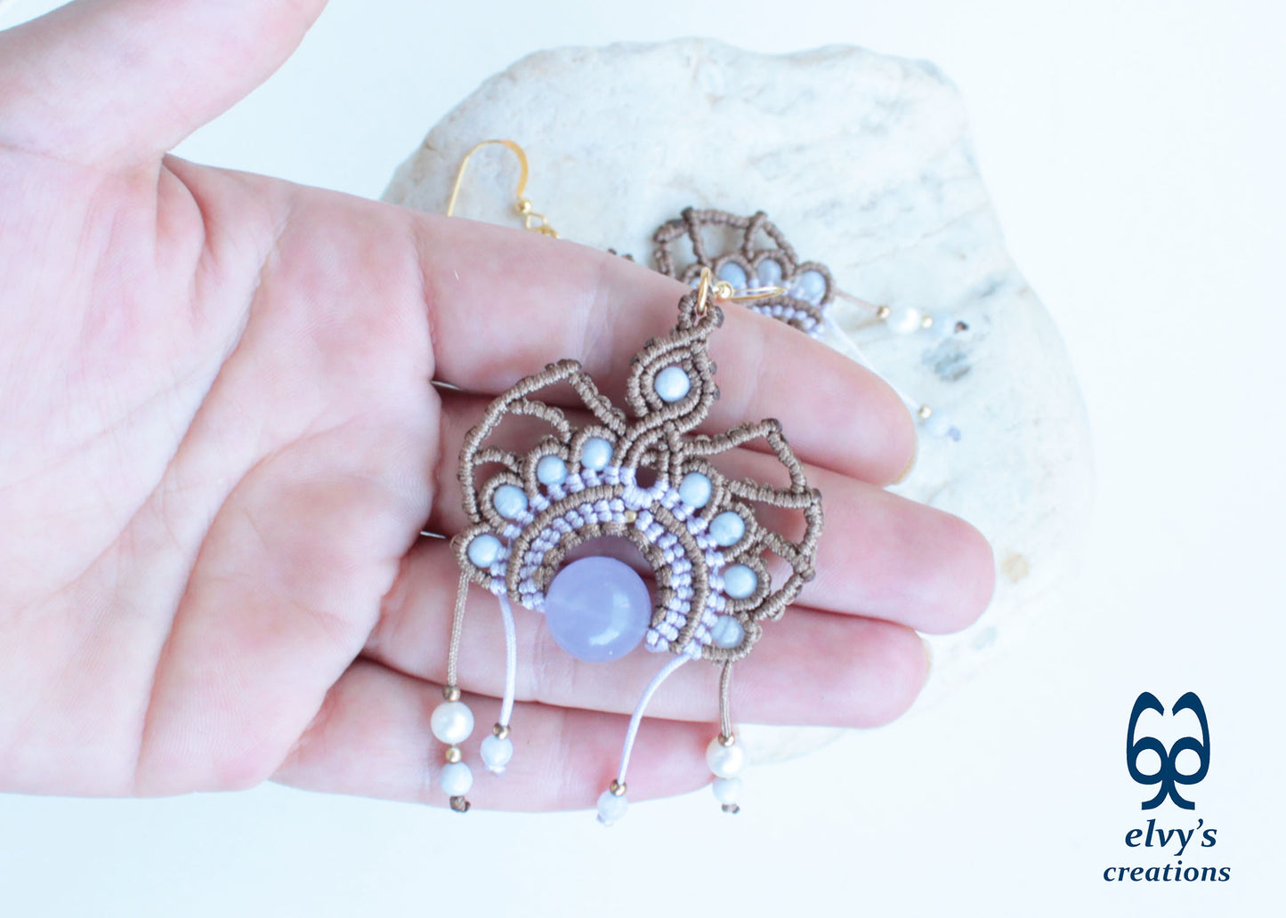 Handmade Beige Macrame Silver Earrings with Purple Chalcedony and Pearls
