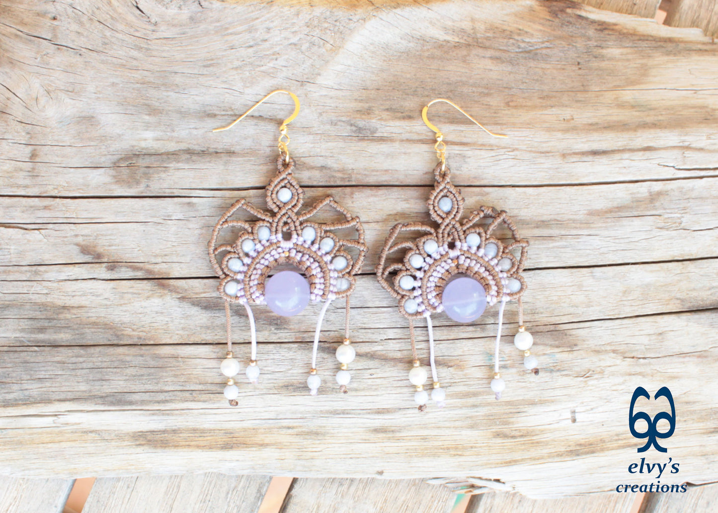 Handmade Beige Macrame Silver Earrings with Purple Chalcedony and Pearls