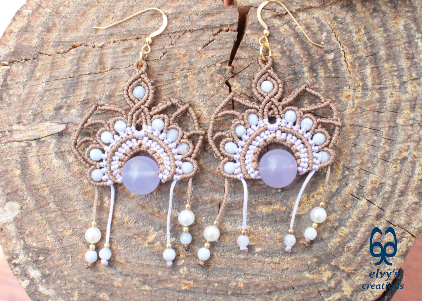 Handmade Beige Macrame Silver Earrings with Purple Chalcedony and Pearls