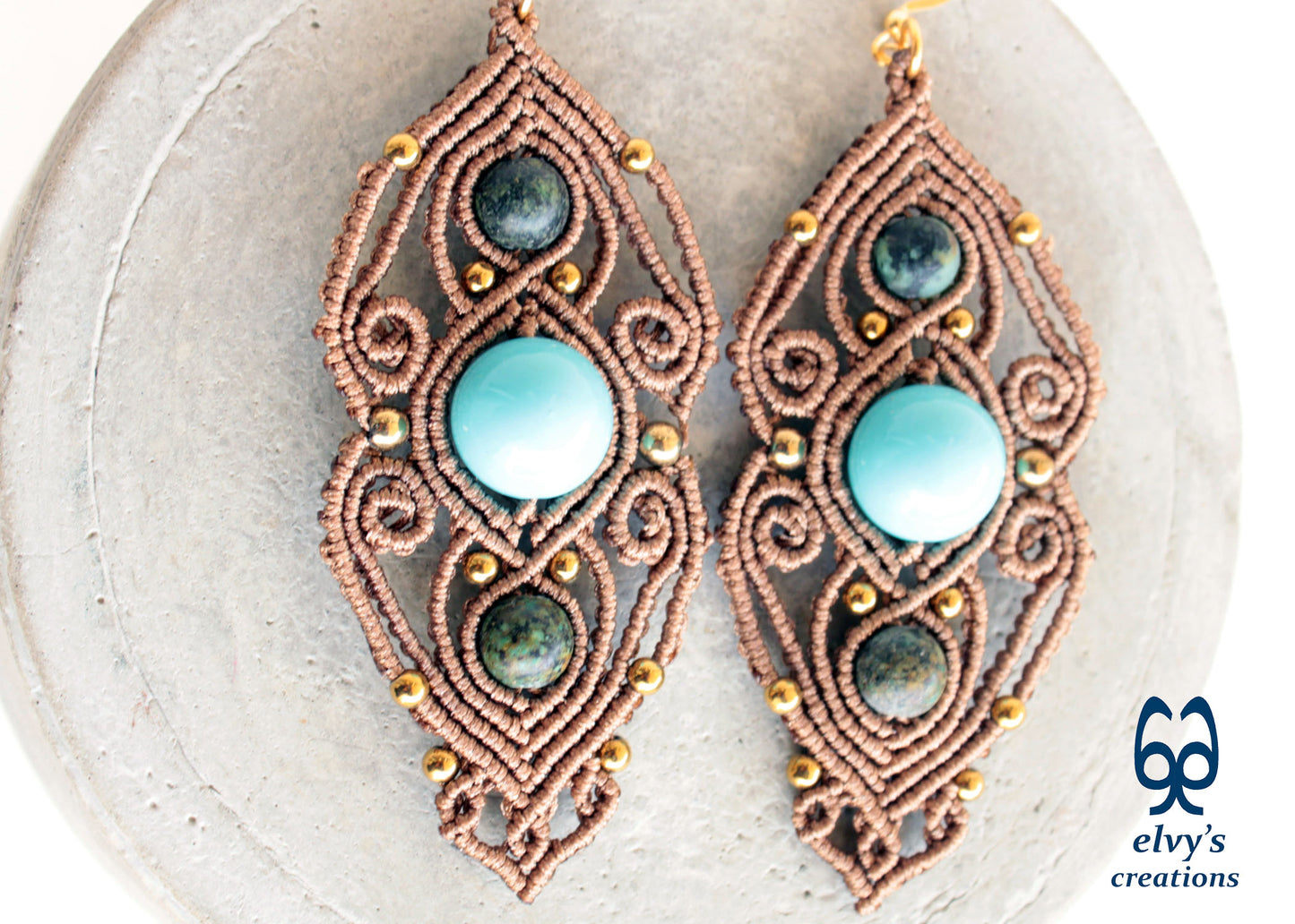 Rusty Gold Macrame Earrings with Turquoise Gemstones