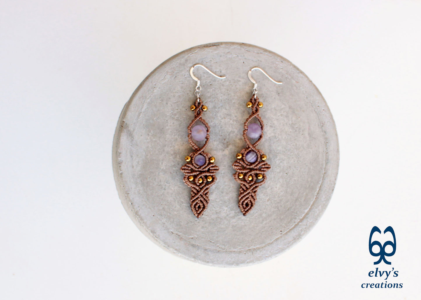 Brown Macrame Earrings with Beryl Gemstones Handmade Silver Earrings