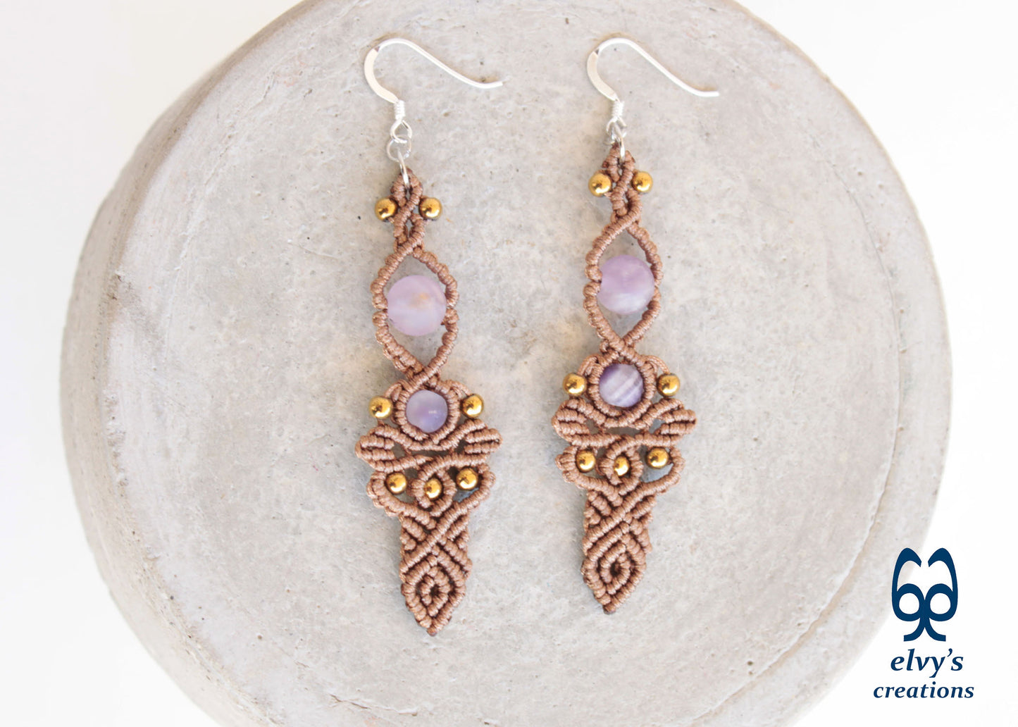 Brown Macrame Earrings with Beryl Gemstones Handmade Silver Earrings