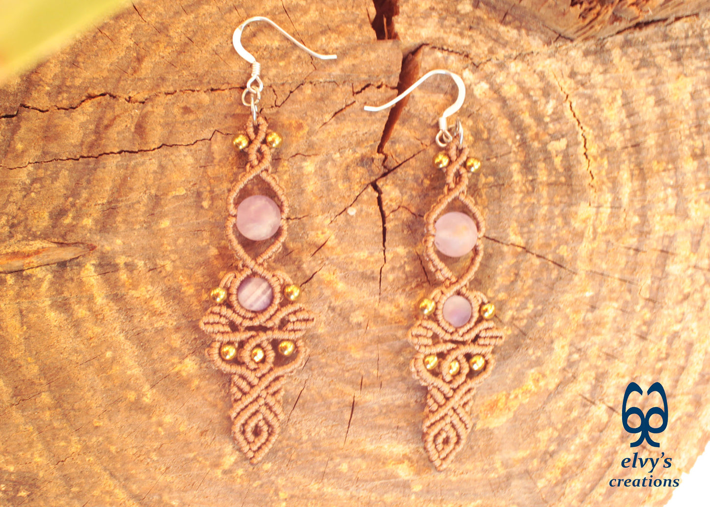 Brown Macrame Earrings with Beryl Gemstones Handmade Silver Earrings
