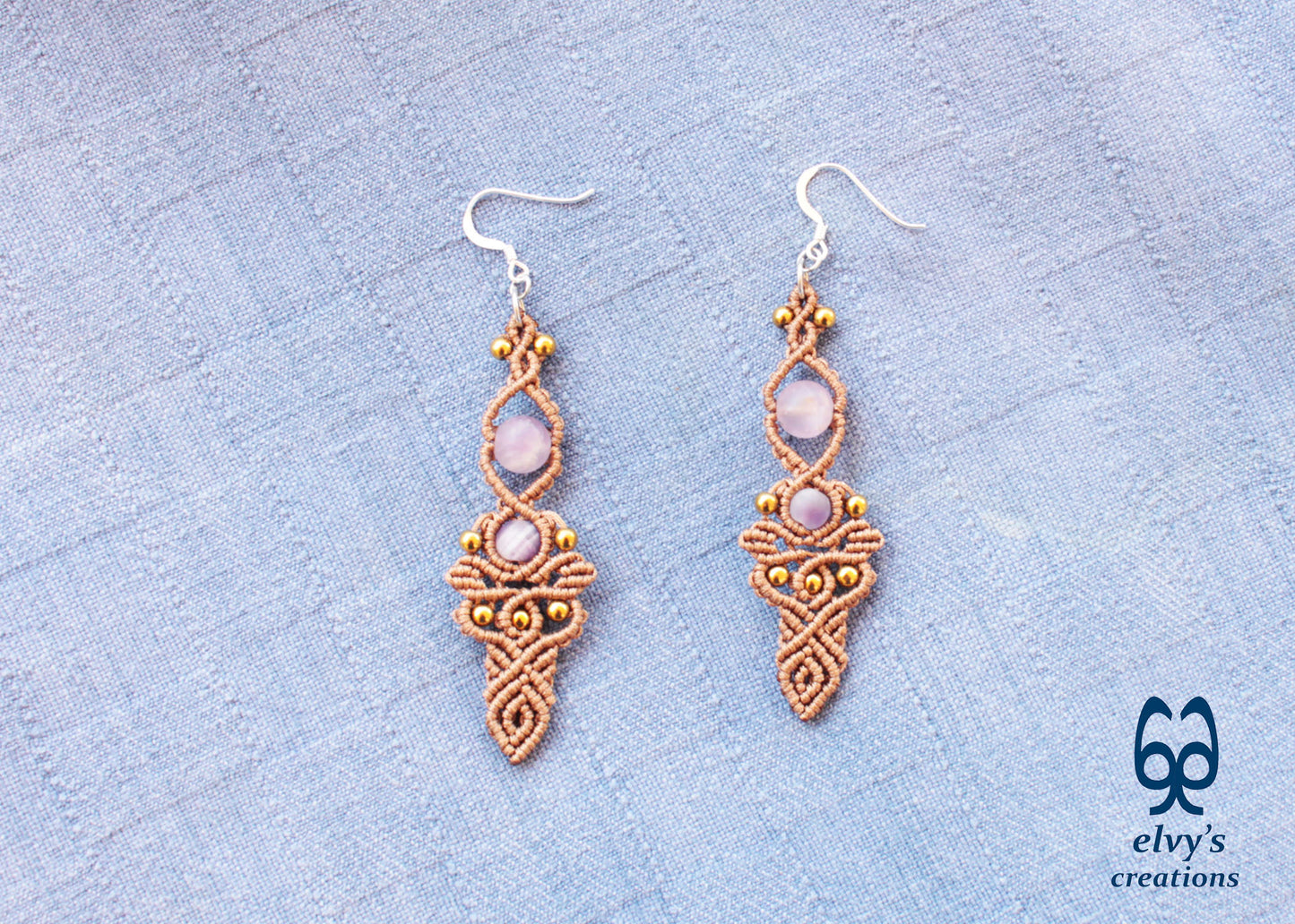 Brown Macrame Earrings with Beryl Gemstones Handmade Silver Earrings