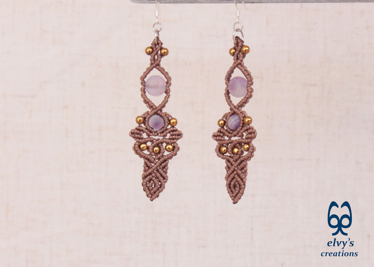 Brown Macrame Earrings with Beryl Gemstones Handmade Silver Earrings