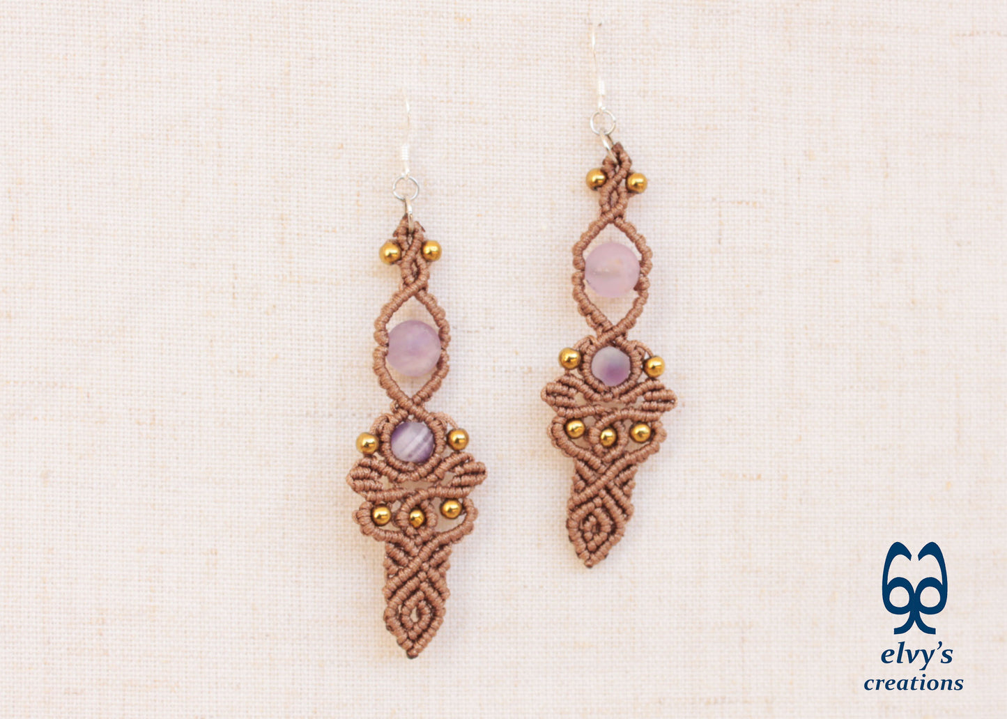 Brown Macrame Earrings with Beryl Gemstones Handmade Silver Earrings