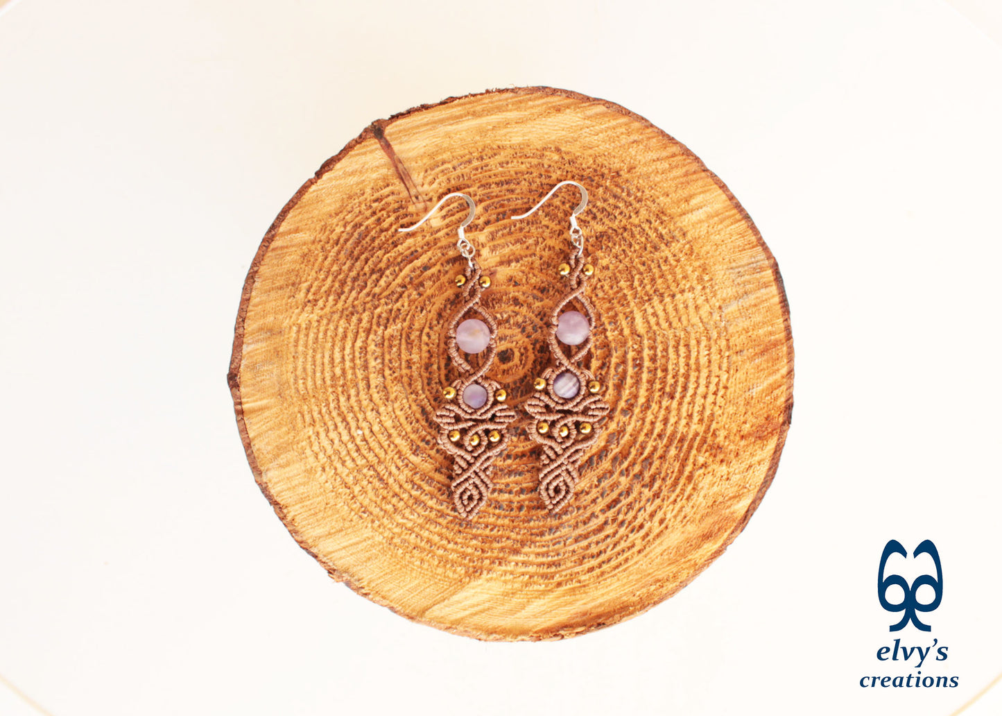 Brown Macrame Earrings with Beryl Gemstones Handmade Silver Earrings