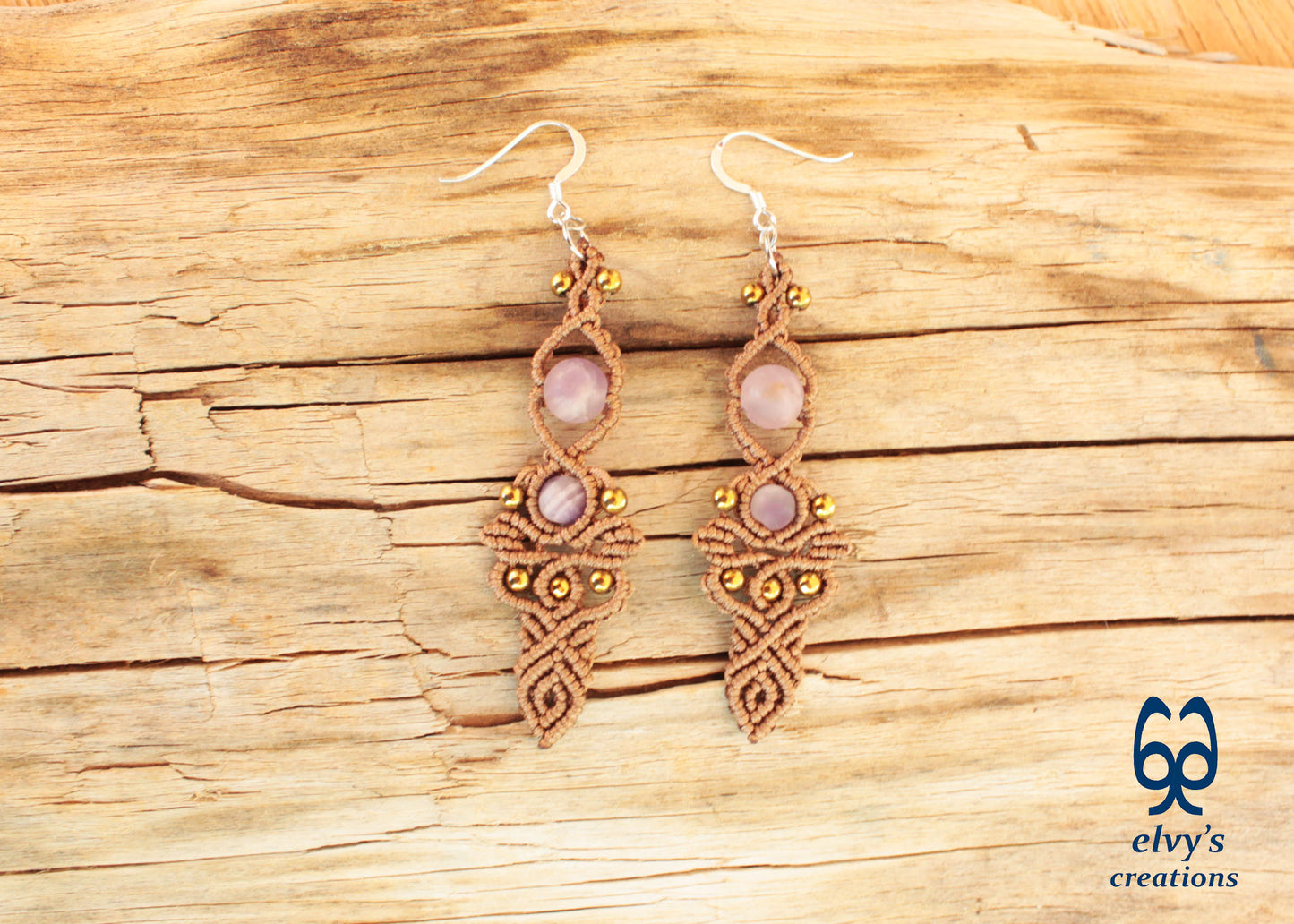 Brown Macrame Earrings with Beryl Gemstones Handmade Silver Earrings