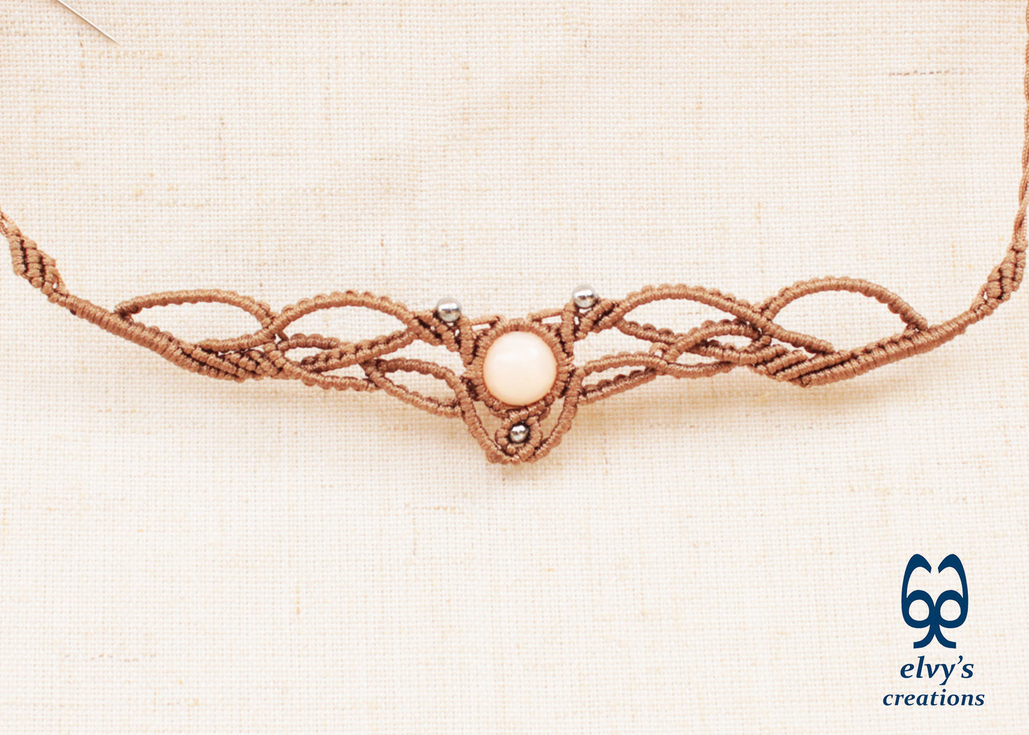 Dark Beige Macrame Necklace with Pink Quartz Gemstone Boho Choker with Silver Hematite Gemstones