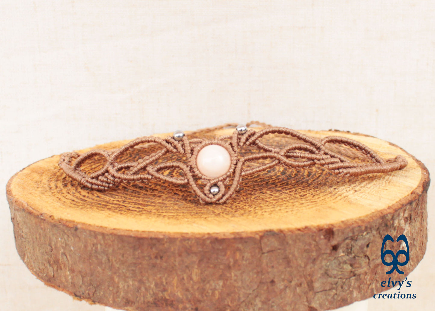 Dark Beige Macrame Necklace with Pink Quartz Gemstone Boho Choker with Silver Hematite Gemstones