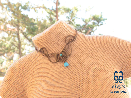 Handmade Dark Gold Macrame Necklace with Turquoise Gemstones Choker