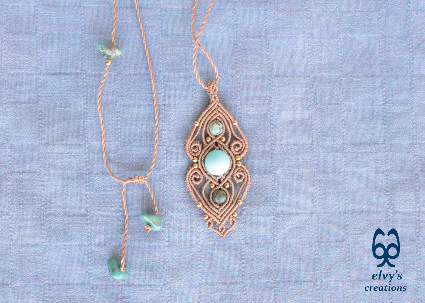 Rusty Gold Macrame Necklace with Turquoise Gemstones Gold Macrame Pendant