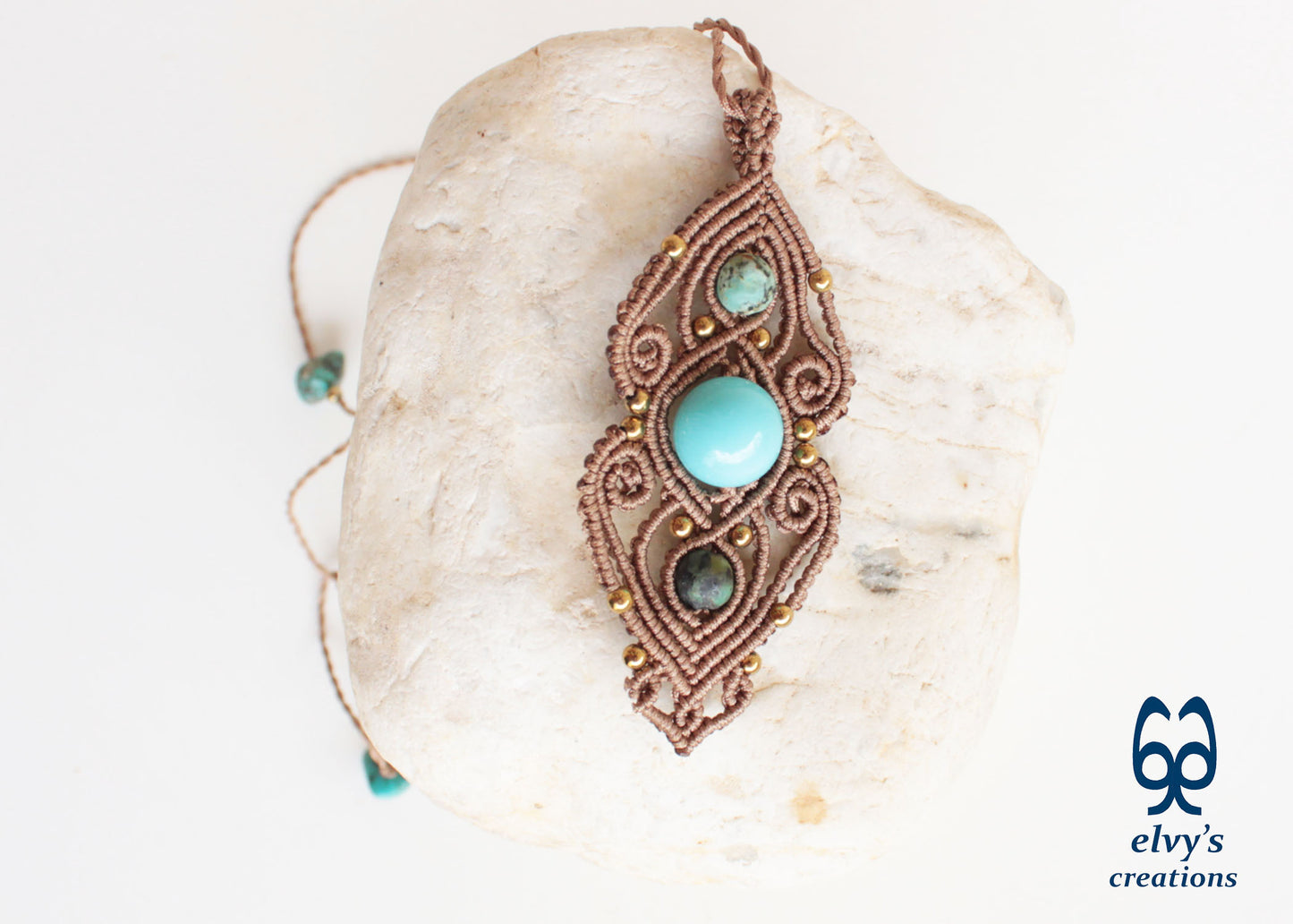 Rusty Gold Macrame Necklace with Turquoise Gemstones Gold Macrame Pendant